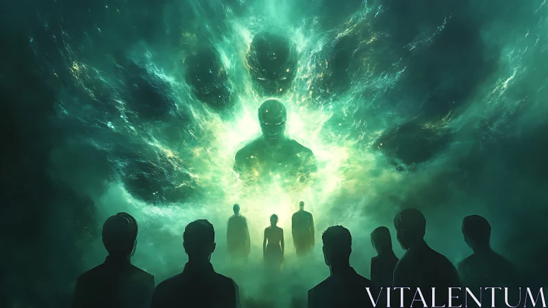 Cosmic entity materializes before silhouetted observers in teal.