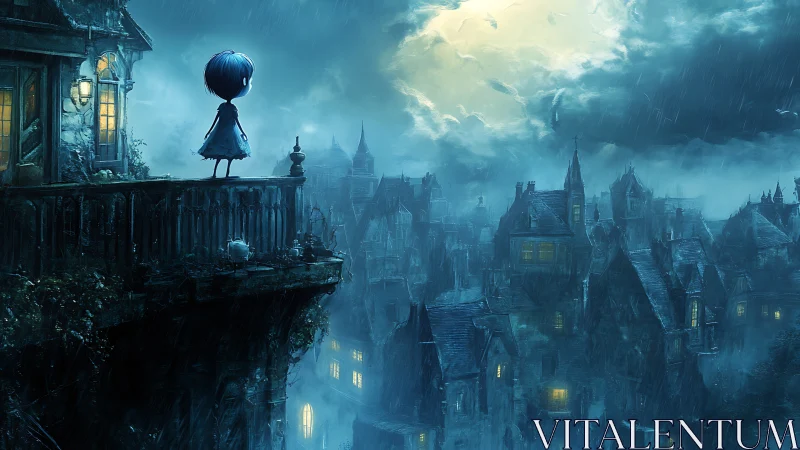 Melancholic child on balcony over rain soaked gothic rooftops