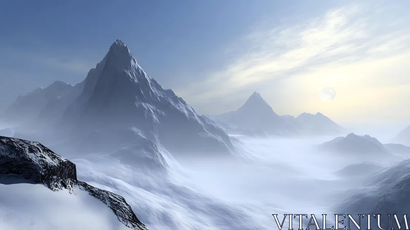 Snow-covered mountain range in cold misty sunrise light.