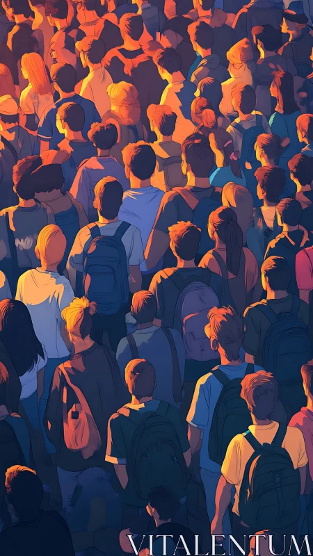 Backlit urban crowd in dense orange and blue gradients.
