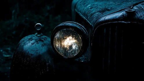 Vintage car headlight glows through rain-soaked darkness.