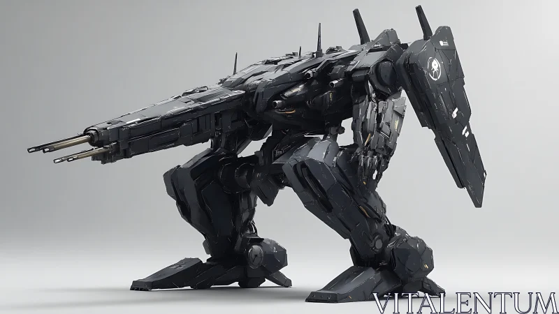 Heavily armored combat mech with dual cannons deployed