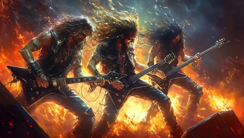 Metal guitar trio shredding above blazing inferno stage