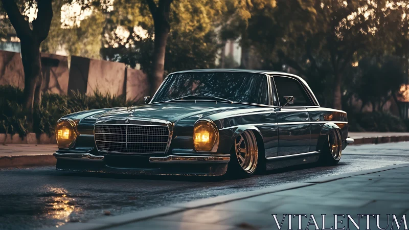 Lowered classic Mercedes coupe glows under golden sunset