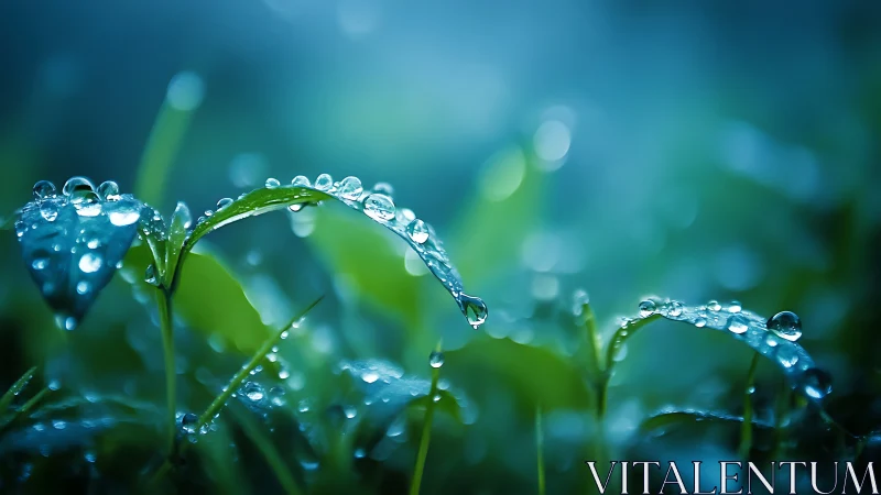 Morning dew clings to curved grass blades in cool blue light