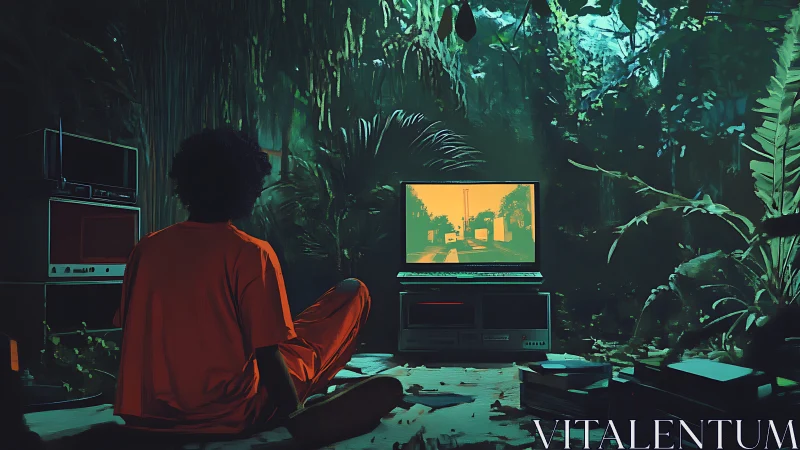 Solitary viewer studies retro screen glow in dense jungle