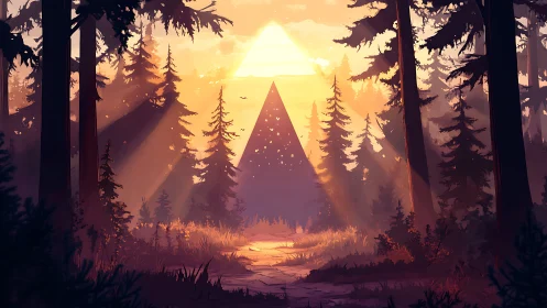Rendered forest landscape with geometric mountain structure at sunset