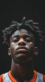 Intense young athlete stares upward in dramatic low angle.