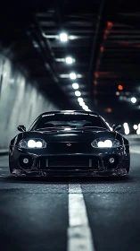 Midnight tunnel cruiser poised under a trail of lights.