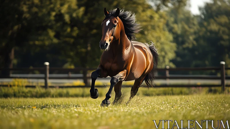 Brown horse galloping through grass field in sunlight.