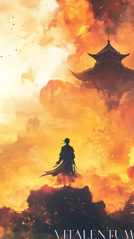 Silhouetted figure before burning sky and distant pagoda.