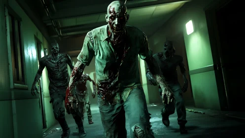 Terrifying zombies lunge down a ruined hospital corridor