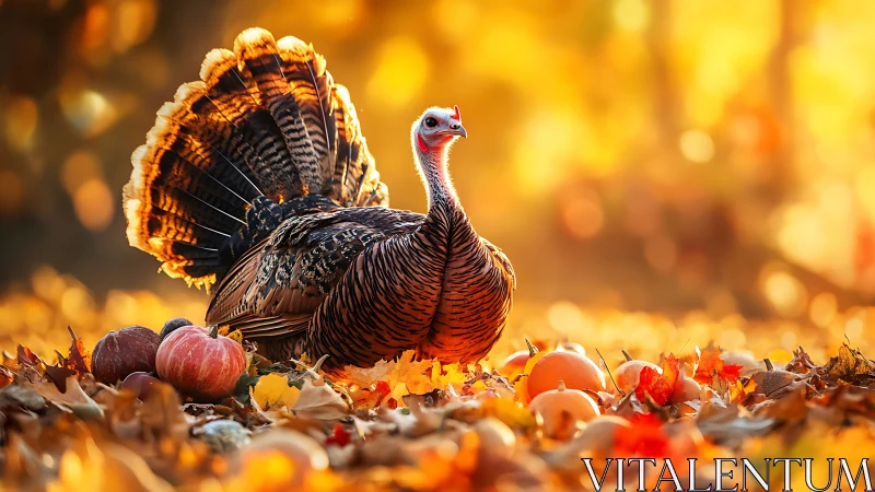 Backlit wild turkey with autumnal gourds in shallow focus field.
