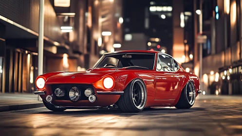 Retro red sports coupe under cinematic urban night lights.