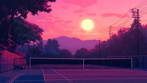 Neon sunset tennis court under glowing pastel sky.