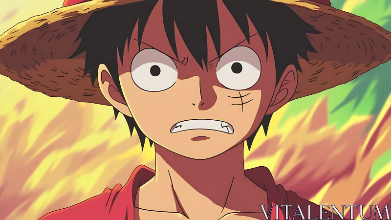 Straw hat hero in tense close-up anime portrait.