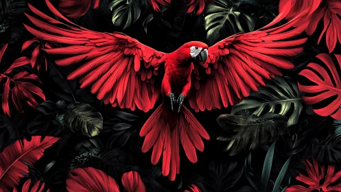 Radiant red parrot gliding proudly through lush jungle leaves.