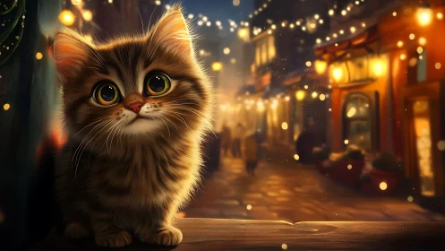 Fluffy Cat in Warm Evening Street Scene.