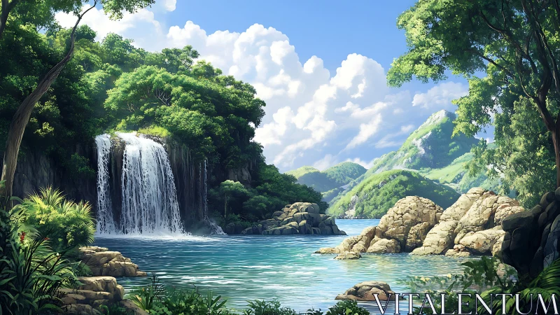 Lush tropical waterfall cove under bright midday sky.