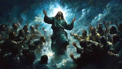 Central robed figure ascends amid surrounding onlookers crowd.