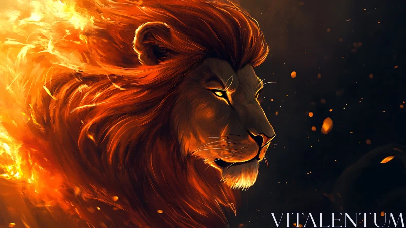 Lion profile in stylized flames against dark background.