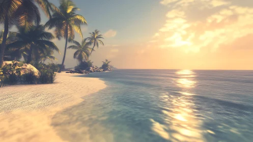 Tropical shoreline with palm trees during golden hour sunset.