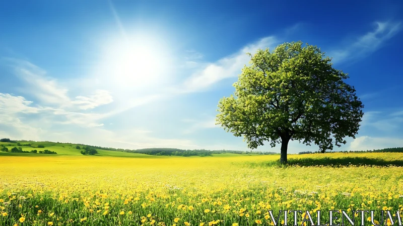Sunlit tree watching over a peaceful yellow flower meadow.