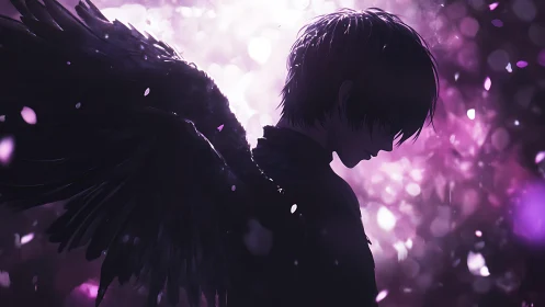 Midnight-winged dreamer exhales violet petals into silence