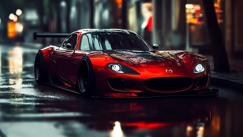 Low-slung red Mazda race car on wet neon city street.