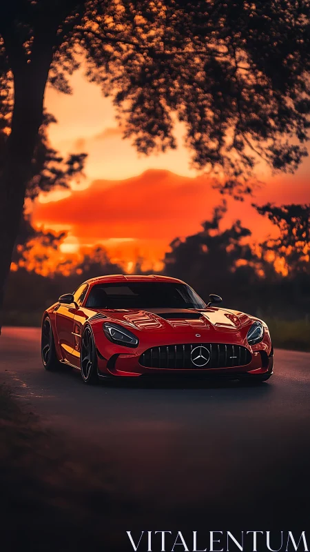 Red Mercedes sports car under vivid sunset sky on road.