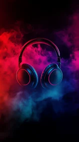 Glowing neon headphones floating in dreamy colorful smoke.