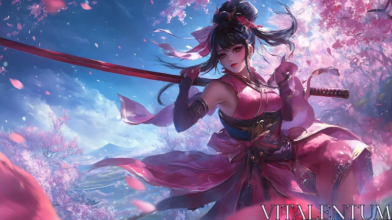 Cherry blossoms whirl as the crimson-blade samurai dances