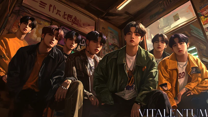 Seven-member streetwear group in warm urban interior.