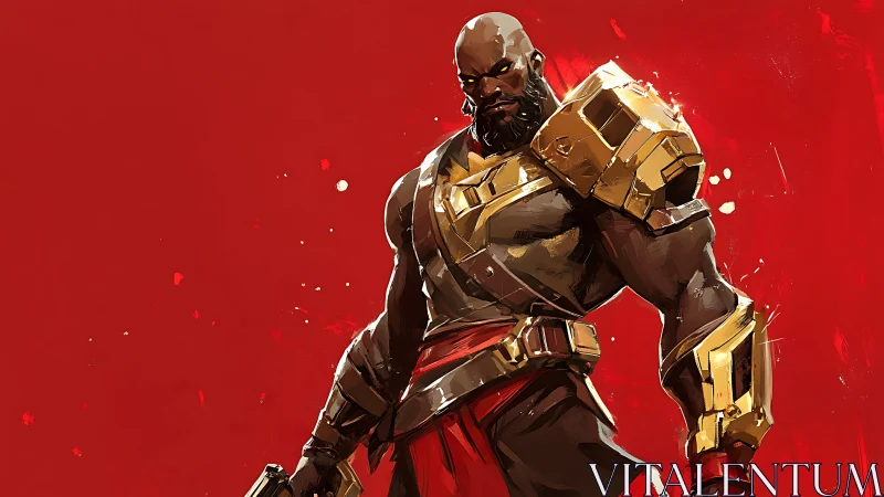 Armored warrior with golden gear on bold red background.