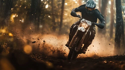 Off-road enduro rider cornering hard through dusty forest trail