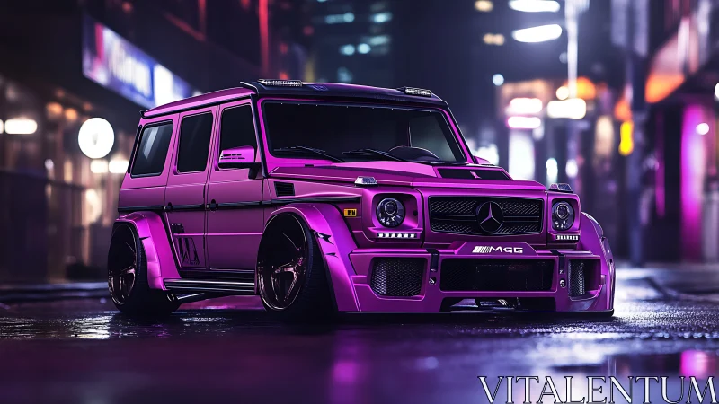 Neon-luminant AMG G‑class widebody in reflective nightscape.