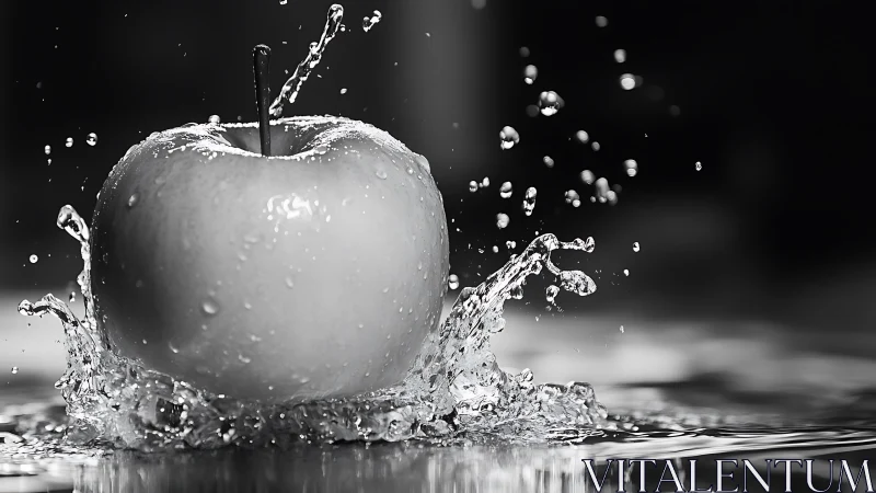 Crisp apple impacts water surface creating sharp splash crown