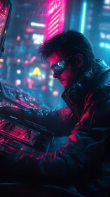 Neon-drenched cyber hacker bends light inside the grid.