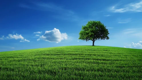 Solitary Tree on Lush Green Hill Under Clear Blue Sky, Realistic Style.