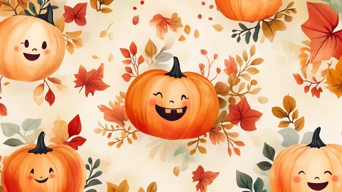 Smiling cartoon pumpkins repeat across soft autumn foliage field