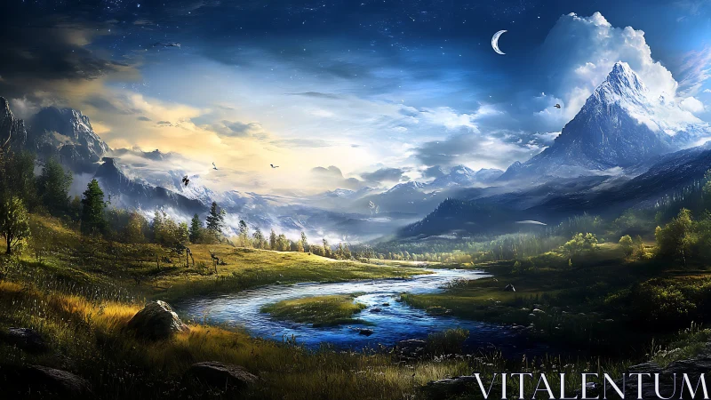 Moonlit river curling through dream-bright alpine valley.