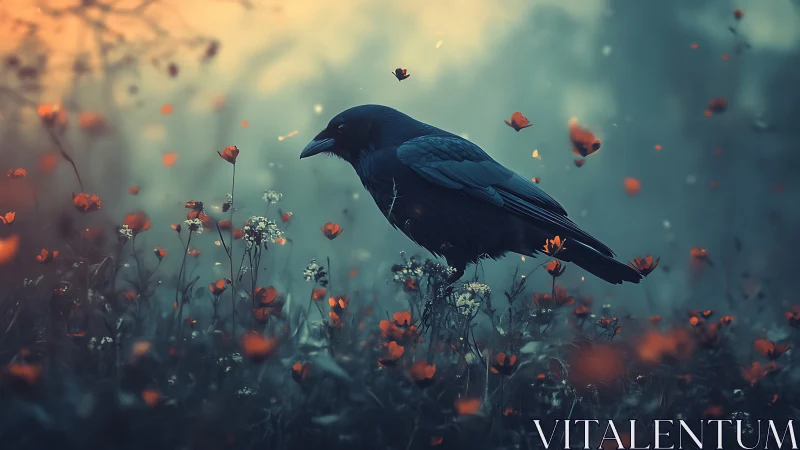 Black Crow Perched Among Crimson Wildflowers in Misty Dream
