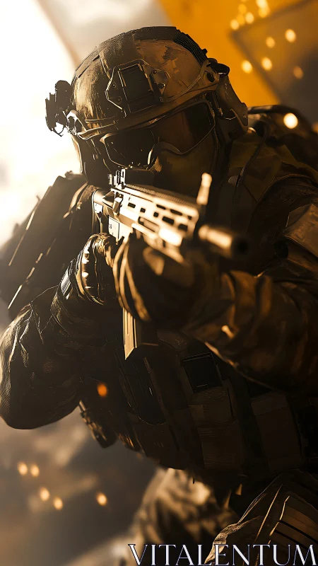 Light-splintered soldier stalks forward through molten sparks