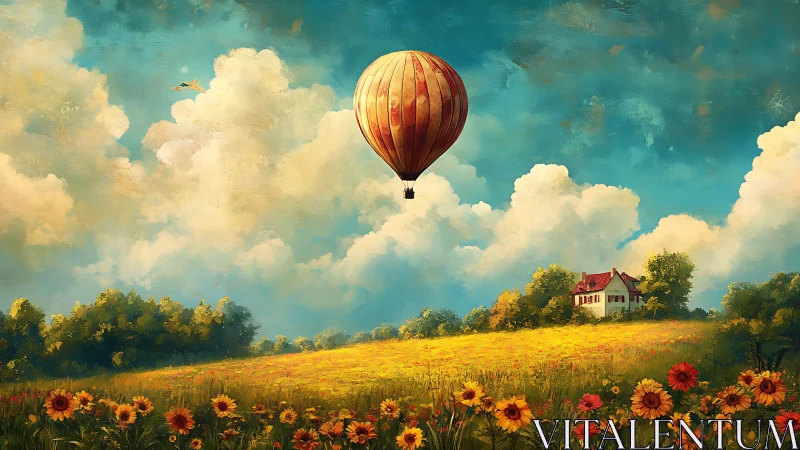 Sunlit balloon drifting above a daydream field of flowers.