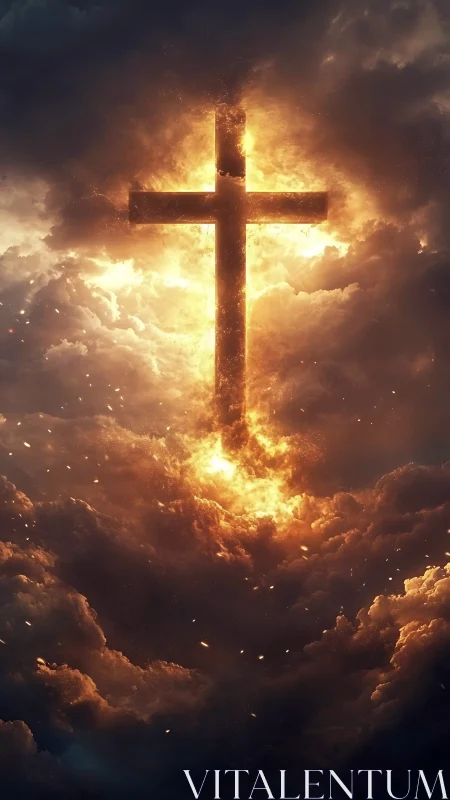 Blazing celestial cross ignites storm-tossed heavens.