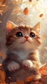Autumn Kitten Watches Falling Leaves in Golden Light.