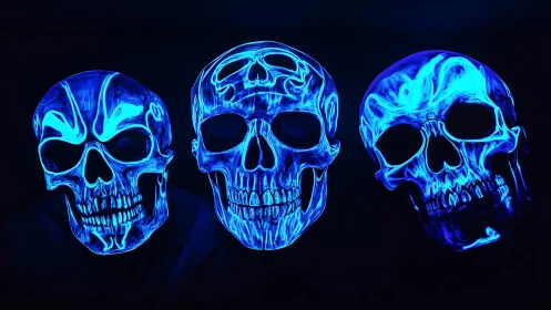 Neon skull trio humming blue fire in ultraviolet dark.