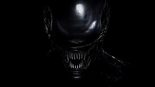 Specular-rendered xenomorphic predator in low-key frontal view.