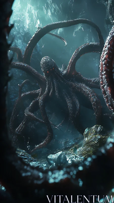 Colossal abyssal tentacle entity in teal-lit cavern depths.