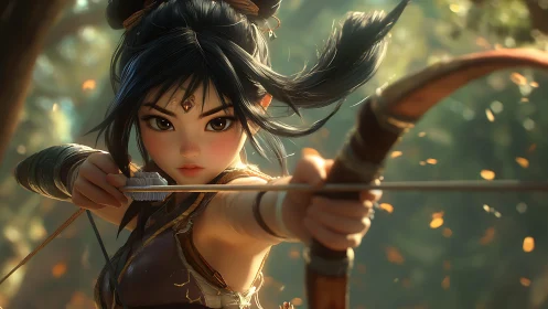 Anime-style female archer drawing bow in forest scene.